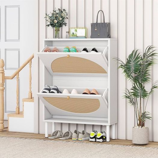 Slimline Rattan and White Shoe Storage Cabinets