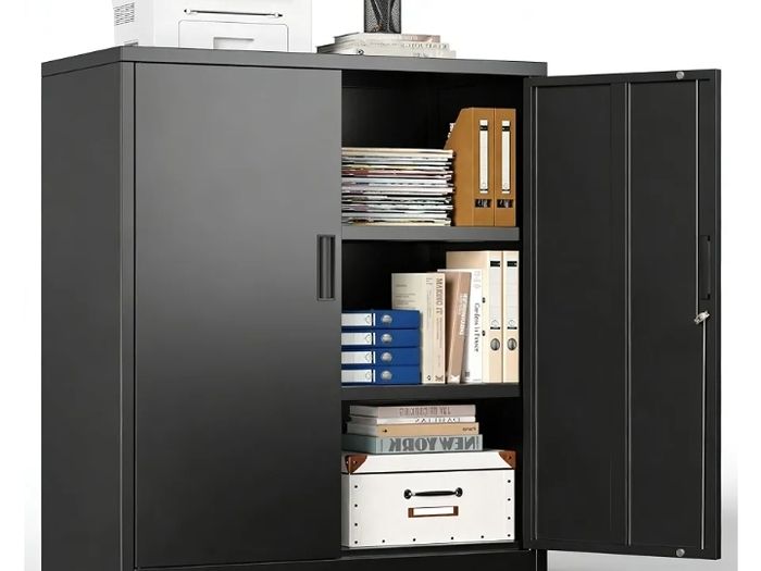 Multi-Purpose Cabinet, Desk Cabinet with 2 Doors, Lockable Cabinet,Steel Storage Cabinet with 2 Height Adjustable Shelves,Metal Storage Cabinet for Office,Garage and Workshop Black