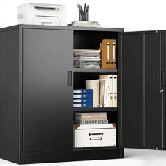 Multi-Purpose Cabinet, Desk Cabinet with 2 Doors, Lockable Cabinet,Steel Storage Cabinet with 2 Height Adjustable Shelves,Metal Storage Cabinet for Office,Garage and Workshop Black