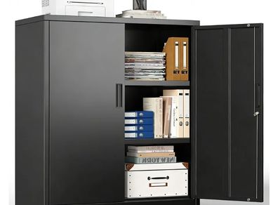 Multi-Purpose Cabinet, Desk Cabinet with 2 Doors, Lockable Cabinet,Steel Storage Cabinet with 2 Height Adjustable Shelves,Metal Storage Cabinet for Office,Garage and Workshop Black
