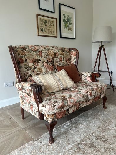 Vintage floral two seater sofa and matching armchair