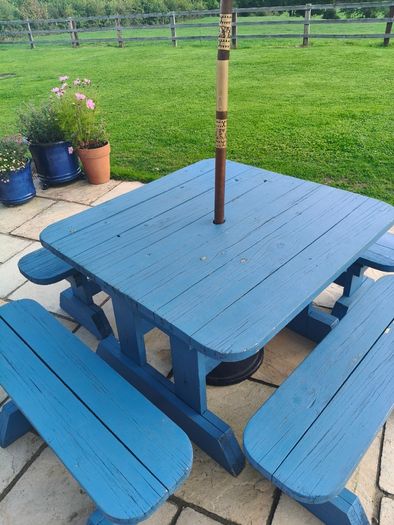 Large garden table and 4 bench chairs