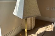 Modernist Polished Brass Square-Column Table Lamp with Embroidered Shade