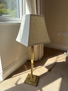 Modernist Polished Brass Square-Column Table Lamp with Embroidered Shade