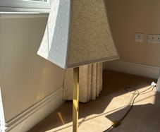 Modernist Polished Brass Square-Column Table Lamp with Embroidered Shade
