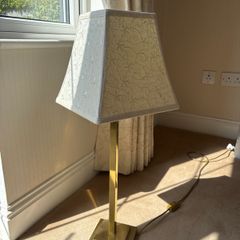 Modernist Polished Brass Square-Column Table Lamp with Embroidered Shade