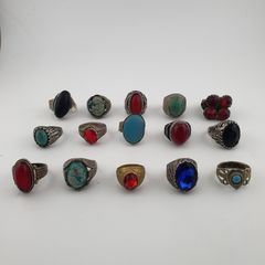 15 Rustic Brass Rings Mixed Traditional Glass & Stone Ring Collection