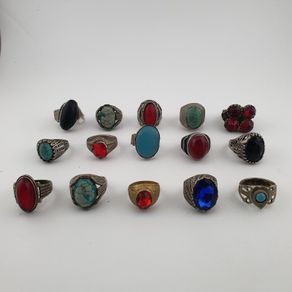 15 Rustic Brass Rings Mixed Traditional Glass & Stone Ring Collection