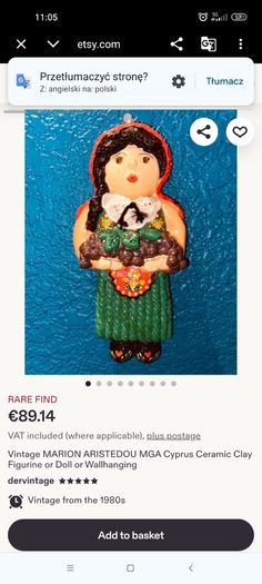 Vintage MARION ARISTEDOU MGA Cyprus Ceramic Clay Figurine or Doll or Wallhanging