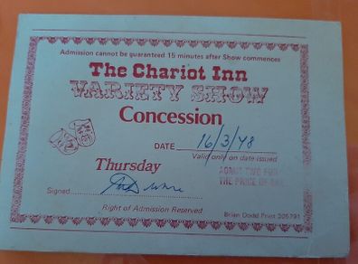 memorabilia ticket Chariot Inn 1978