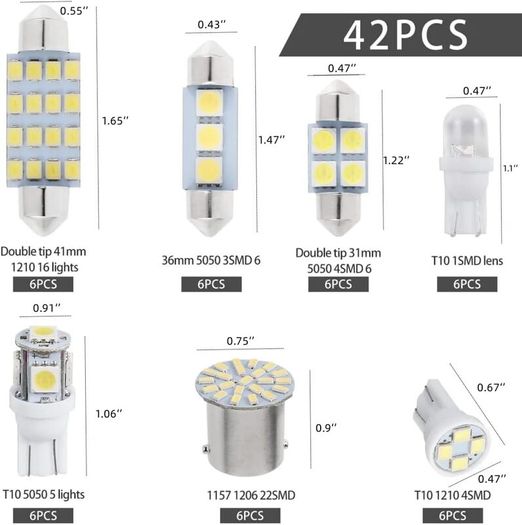42 Pcs LED Interior Light Kit Car LED Lights Interior Lights 6000K 12V T10 168 2825 W5W 921 Kit For Car Vehicle Map Dome Door Trunk License Plate Light Bulb