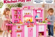 Kids 3 in 1 Play Kitchen Set with Lights, Steam Effects and 74 Accessories