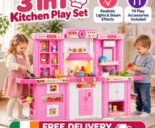 Kids 3 in 1 Play Kitchen Set with Lights, Steam Effects and 74 Accessories