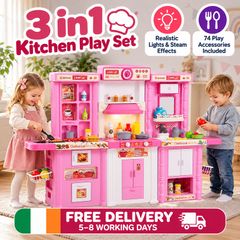 Kids 3 in 1 Play Kitchen Set with Lights, Steam Effects and 74 Accessories