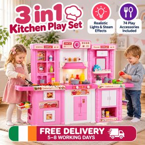 Kids 3 in 1 Play Kitchen Set with Lights, Steam Effects and 74 Accessories