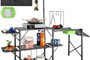 Camping Kitchen Table, One-piece Folding Portable Cook Station with A Carrying Bag, Long Aluminum Camping Table 3 Side Tables