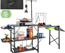 Camping Kitchen Table, One-piece Folding Portable Cook Station with A Carrying Bag, Long Aluminum Camping Table 3 Side Tables