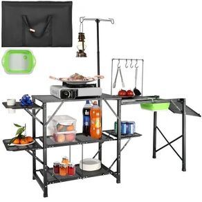 Camping Kitchen Table, One-piece Folding Portable Cook Station with A Carrying Bag, Long Aluminum Camping Table 3 Side Tables