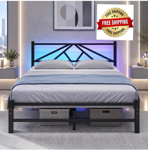 Double Bed Frame with Charging Station,LED Headboard,Black Modern Geometric Headboard Metal Platform Bed Frame for bedroom,Under Bed Storage Space,No Box Spring Needed,Easy Assembly
