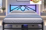 Double Bed Frame with Charging Station,LED Headboard,Black Modern Geometric Headboard Metal Platform Bed Frame for bedroom,Under Bed Storage Space,No Box Spring Needed,Easy Assembly