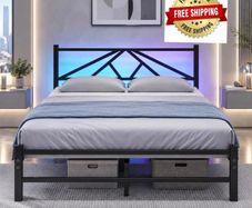 Double Bed Frame with Charging Station,LED Headboard,Black Modern Geometric Headboard Metal Platform Bed Frame for bedroom,Under Bed Storage Space,No Box Spring Needed,Easy Assembly