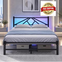Double Bed Frame with Charging Station,LED Headboard,Black Modern Geometric Headboard Metal Platform Bed Frame for bedroom,Under Bed Storage Space,No Box Spring Needed,Easy Assembly