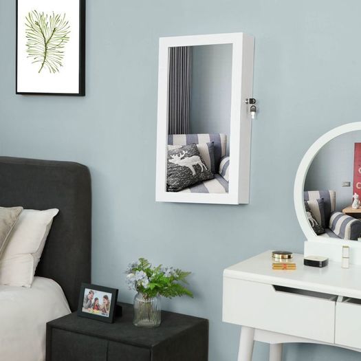 Stylish jewelry cabinet hanging  hanging, jewelry cabinet, wall mirror for hanging, with door and magnetic closure, wall mounting, with mirror, for wall 67x37x10.5 cm White