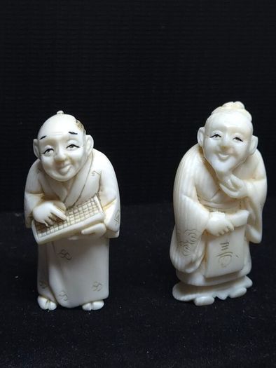 Antique Chinese Hand Carved Scholar Figures Signed Pair