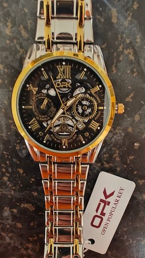Luxury Two Tone Gold & Silver Watch Mens Skeleton Dial