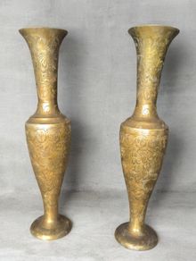 Pair Of Vintage Hand Engraved Brass Vases For Sale