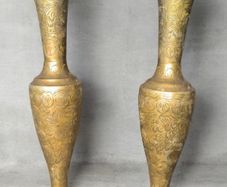 Pair Of Vintage Hand Engraved Brass Vases For Sale