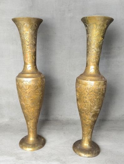 Pair Of Vintage Hand Engraved Brass Vases For Sale