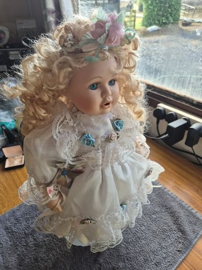 Vintage Irish Porcelain Doll with Flower Wreath and Pinwheel Vintage