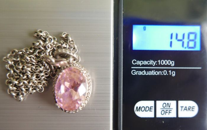 Vintage Sterling Silver 925 PINK OVAL CRYSTAL PENDANT NECKLACE Pea Chain traditional necklace length 20" - 14,8g