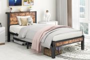 Single Bed Frame with Wood Storage Headboard,