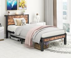 Single Bed Frame with Wood Storage Headboard,