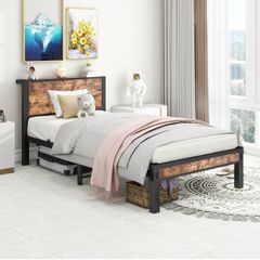 Single Bed Frame with Wood Storage Headboard,