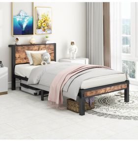 Single Bed Frame with Wood Storage Headboard,