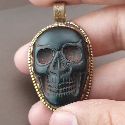 Vintage Gold Plated brass Floral Desgin &carved Skull shape Jade Pendant