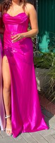 Stunning cerise satin debs dress, corset style. Size 8