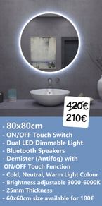 LED Bathroom Mirror Bluetooth Speakers Demister Antifog 80cm