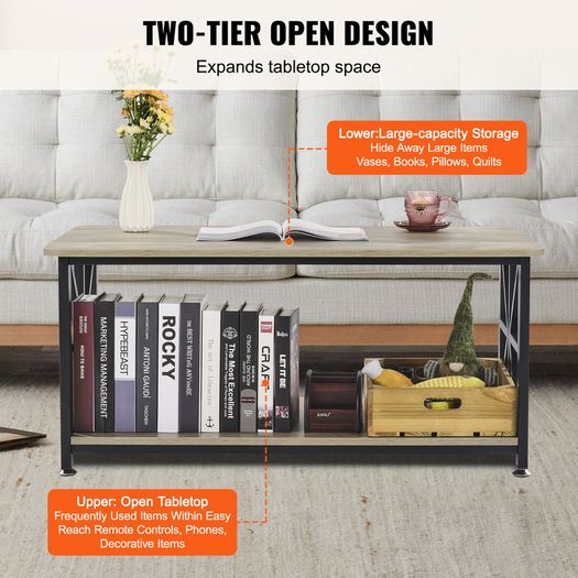Farmhouse Coffee Table, Rectangle Coffee Table with Open Storage Compartment