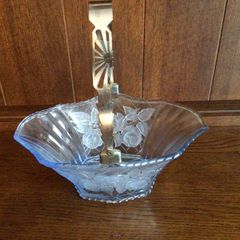 Art Deco Large Blue Glass Basket with Chrome handle