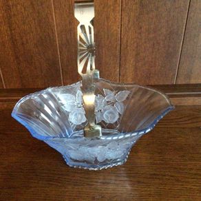 Art Deco Large Blue Glass Basket with Chrome handle