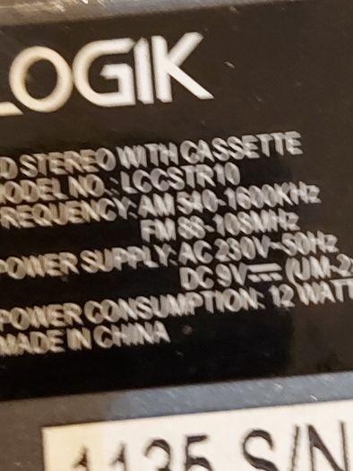 Logik CD Stereo With Cassette, Model LCCSTR10, in good condition, Radio and CD work fine, Tape play button not staying engaged, Forward and rewind work