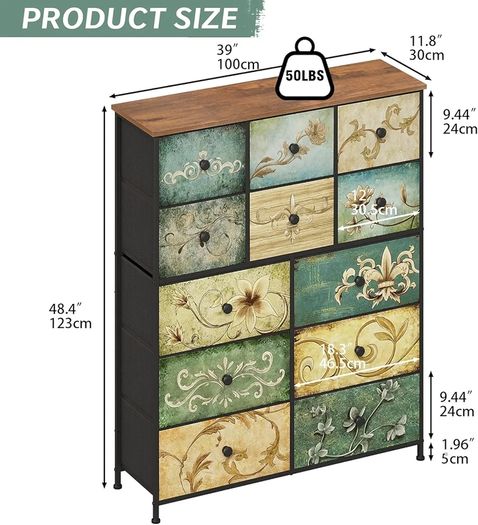 Fabric Chest of Drawers, Vintage 12 Drawer Tall Dresser with Floral Print, Rustic Boho Style Dresser Storage Cabinet for Bedroom, Hallway, Living Room