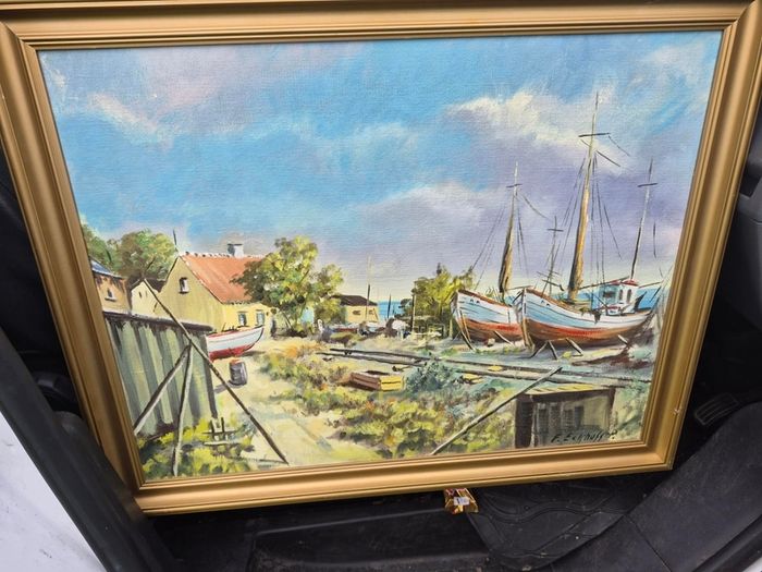 5 old antique painting 4 on canvas & 3 old copper kettles