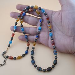 Vintage Venetian Style Tiny Floral Glass & Old Brass Beads Necklace 24 inches