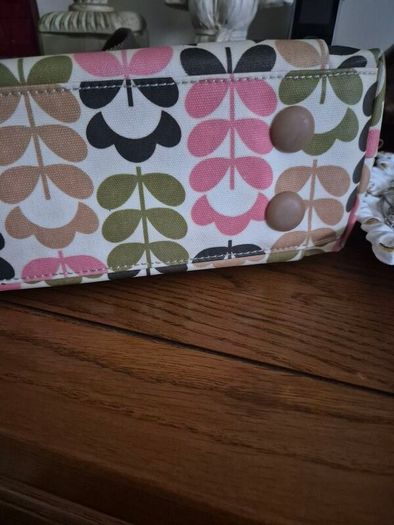 Orla Kiely Pink Green Tan Ivory Floral Stem Oilcloth Crossbody Bag