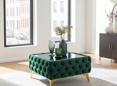 Velvet coffe table with glass Green